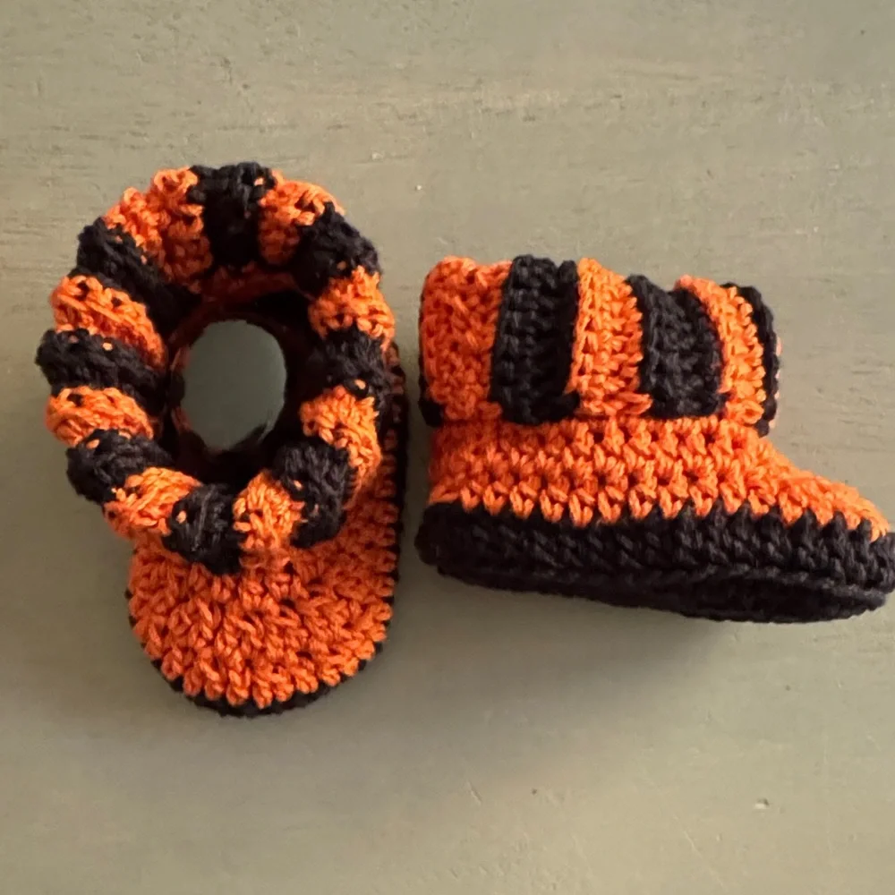 Handmade Crocheted Baby Booties - Orange and Black Halloween Booties